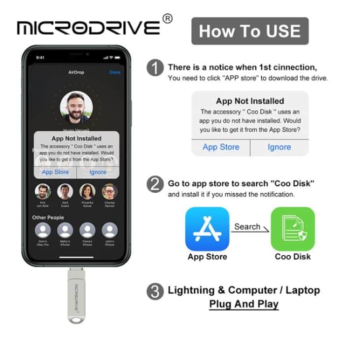 MicroDrive 2-in-1 Lightning + USB 2.0 tragbares USB-Flash-Laufwerk aus Metall, 8GB, 16GB, 32GB, 64GB, 128GB, 256GB, 512GB – Bild 9