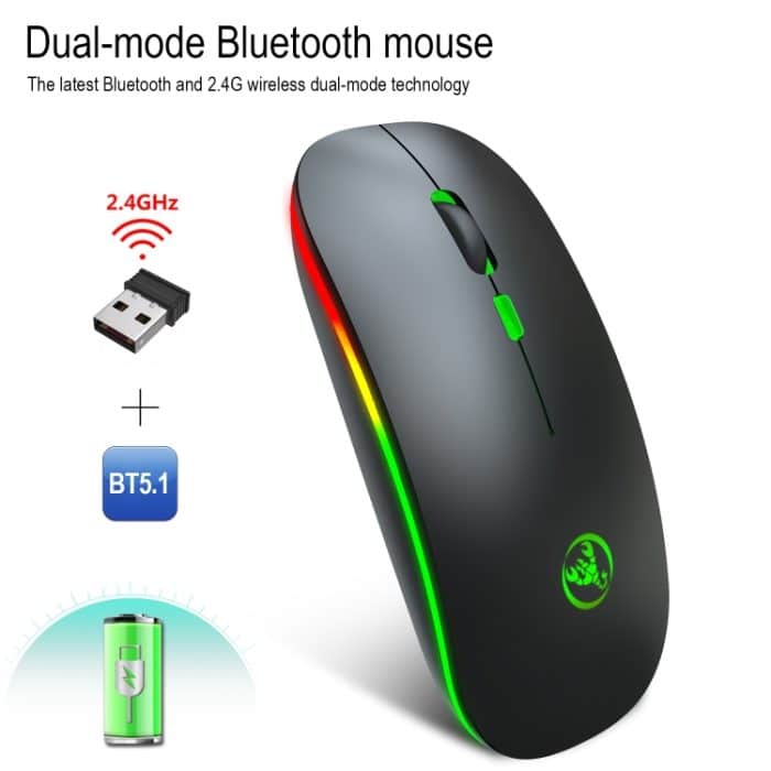 HXSJ T18 2.4GHZ 1600dpi Dual-Mode Licht emittierende drahtlose Maus USB + Bluetooth 5.1 Wiederaufladbar – Bild 2