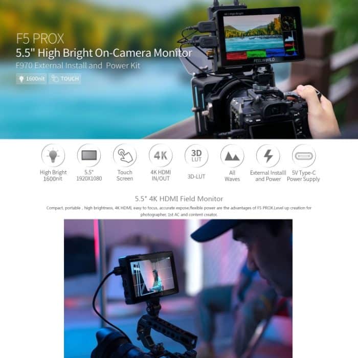 FEELWORLD F5 ProX 5,5 Zoll 1600nit hochheller Touchscreen DSLR-Kamera-Feldmonitor 4K HDMI F970 Installations- und Stromversorgungskit, F5 ProX – Bild 5