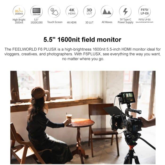 FEELWORLD F6 PLUSX 5,5 Zoll hochheller 1600nit Touchscreen DSLR-Kamera-Feldmonitor IPS FHD1920x1080 4K HDMI, F6 PLUSX – Bild 5