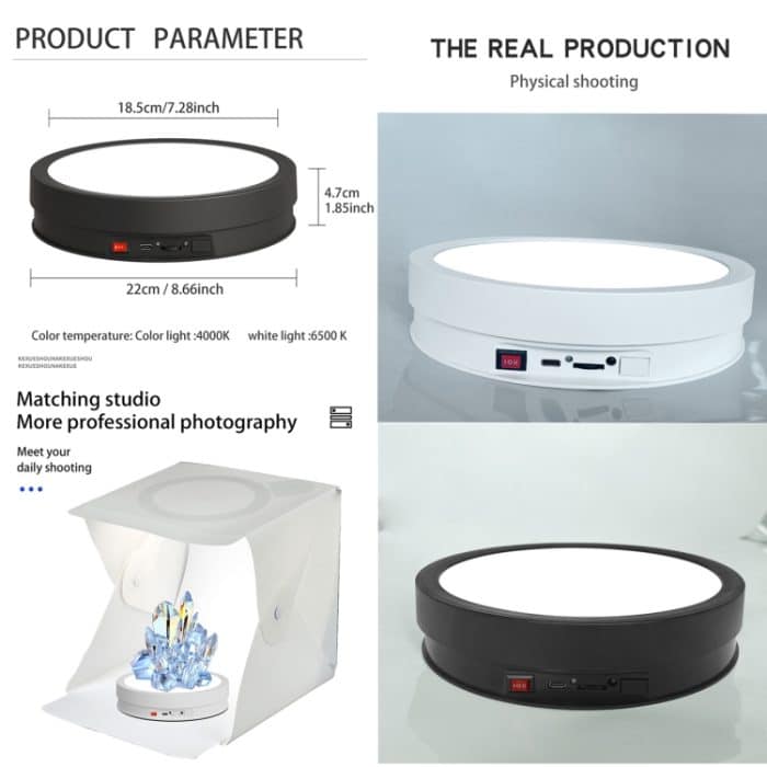 22 cm bunter LED-Licht-elektrischer rotierender Ausstellungsständer-Drehteller, Power Plug-in, Battery Charging – Bild 5