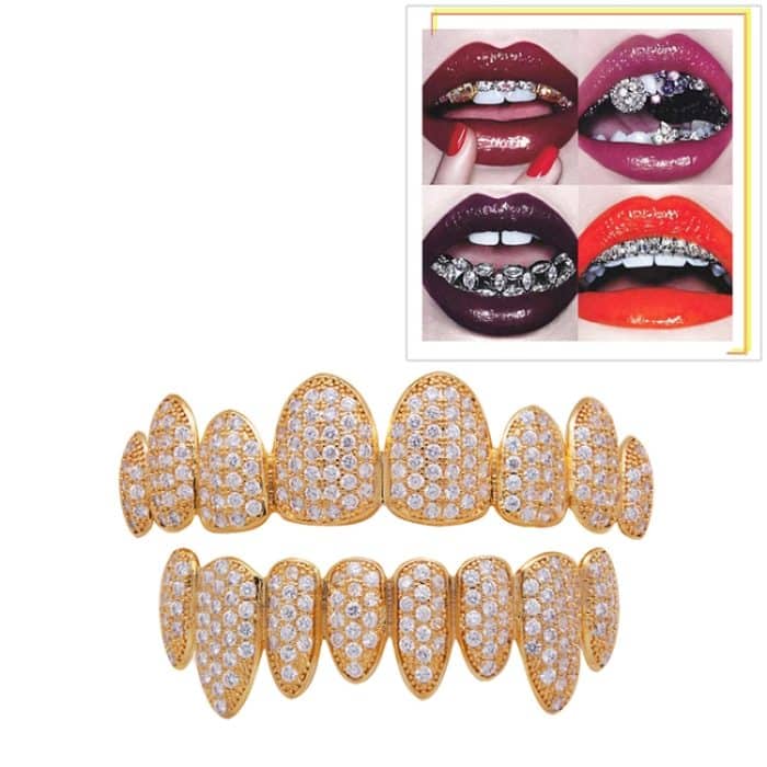 Mit Zirkon eingelegte Hip-Hop-Zahnspangen, acht mit Bohrer eingelegte Zähne, Ober- und Unterprothesen-Set, COS-Requisiten – Bild 1