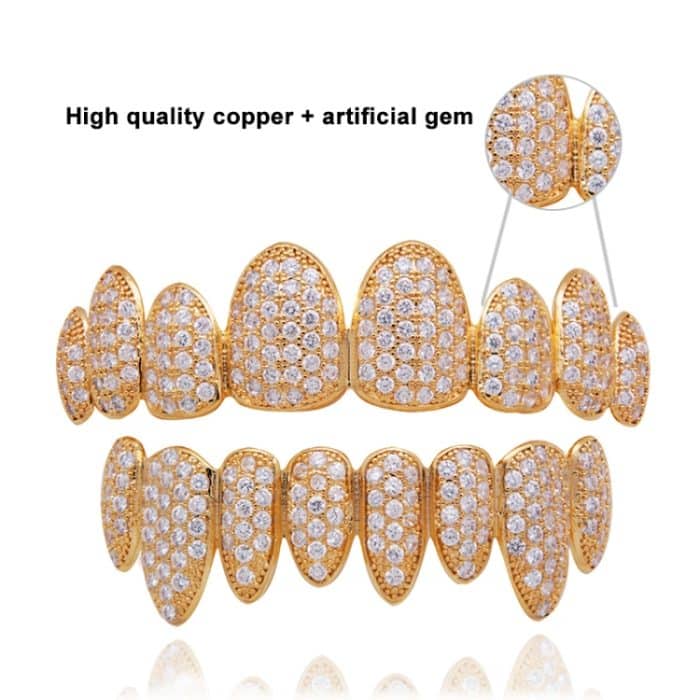 Mit Zirkon eingelegte Hip-Hop-Zahnspangen, acht mit Bohrer eingelegte Zähne, Ober- und Unterprothesen-Set, COS-Requisiten – Bild 5