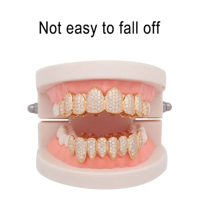 Mit Zirkon eingelegte Hip-Hop-Zahnspangen, acht mit Bohrer eingelegte Zähne, Ober- und Unterprothesen-Set, COS-Requisiten – Bild 6