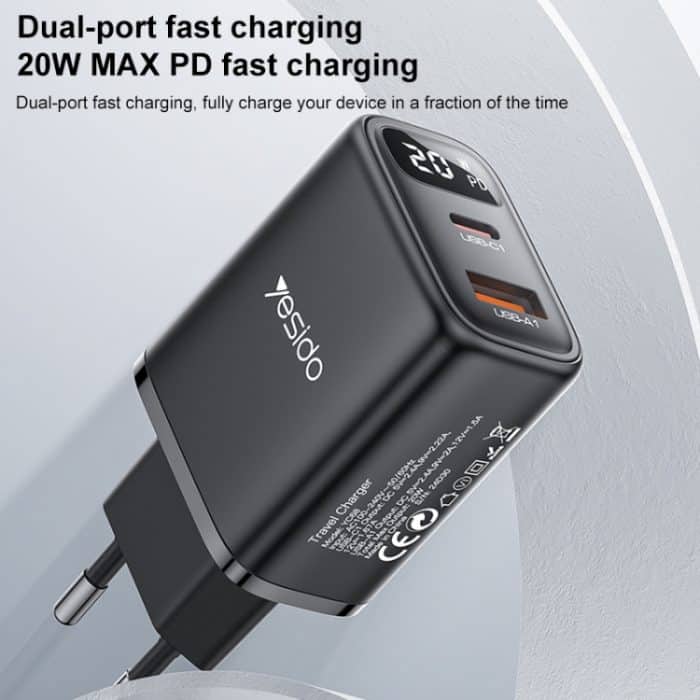 Yesido YC68 20W USB-C / Typ-C + USB-Digitalanzeige-Ladegerät, EU Plug – Bild 2