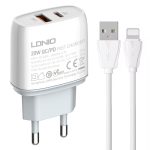 LDNIO Q229 QC3.0 / PD20W USB + Typ-C-Schnellladegerät mit 1 m USB-auf-8-Pin-Kabel, EU Plug, UK Plug, US Plug