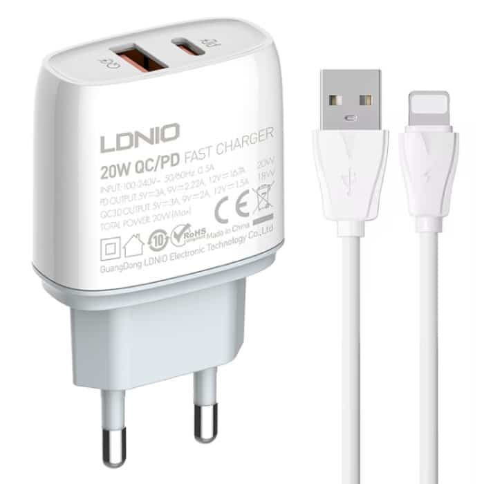 LDNIO Q229 QC3.0 / PD20W USB + Typ-C-Schnellladegerät mit 1 m USB-auf-8-Pin-Kabel, EU Plug, UK Plug, US Plug – Bild 1