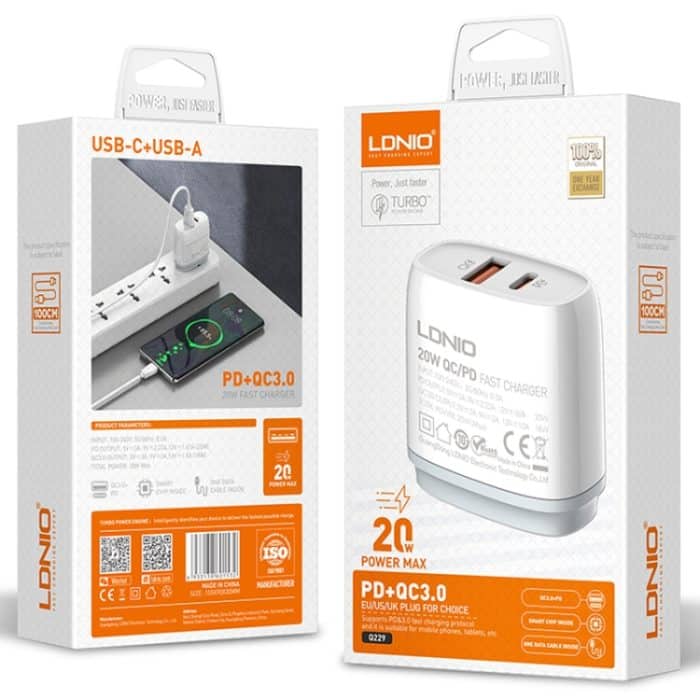 LDNIO Q229 QC3.0 / PD20W USB + Typ-C-Schnellladegerät mit 1 m USB-auf-8-Pin-Kabel, EU Plug, UK Plug, US Plug – Bild 13