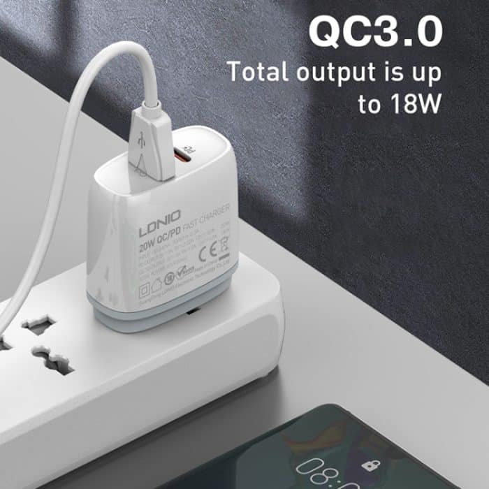 LDNIO Q229 QC3.0 / PD20W USB + Typ-C-Schnellladegerät mit 1 m USB-auf-8-Pin-Kabel, EU Plug, UK Plug, US Plug – Bild 5