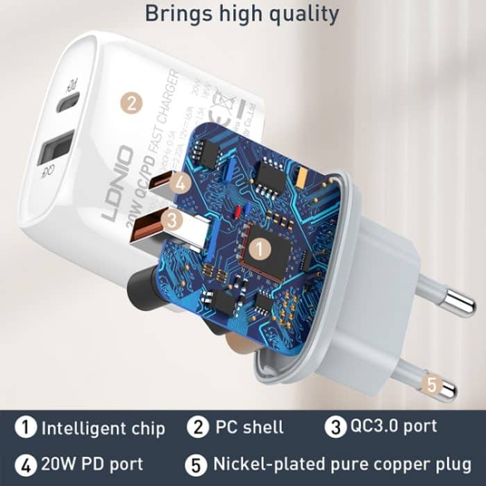LDNIO Q229 QC3.0 / PD20W USB + Typ-C-Schnellladegerät mit 1 m USB-auf-8-Pin-Kabel, EU Plug, UK Plug, US Plug – Bild 6