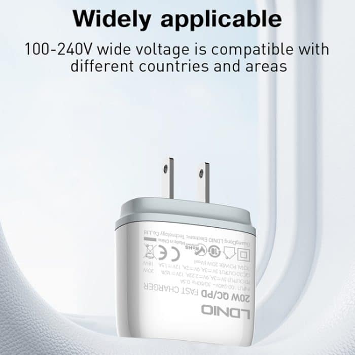 LDNIO Q229 QC3.0 / PD20W USB + Typ-C-Schnellladegerät mit 1 m USB-auf-8-Pin-Kabel, EU Plug, UK Plug, US Plug – Bild 10