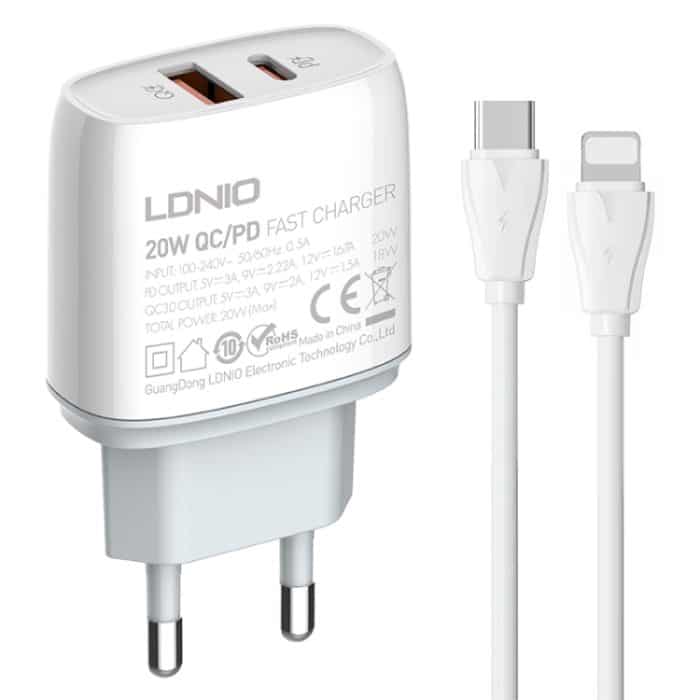EDA006951101A.jpg LDNIO Q229 QC3.0 / PD20W USB + Typ-C-Schnellladegerät mit 1 m Typ-C-auf-8-Pin-Kabel, EU Plug, UK Plug, US Plug – Bild 1