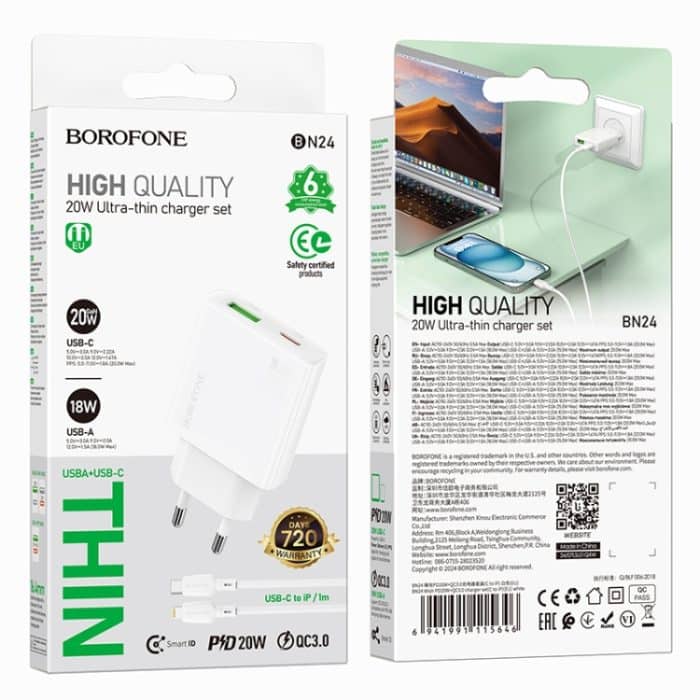 hoco BN24 PD 20 W USB, Typ-C Ladegerät mit 1 m Typ-C auf 8-Pin Kabelsatz, EU Plug – Bild 8