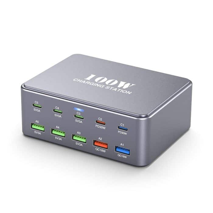 EDA007162301.jpg HW33 100W Typ-C + USB 10-Port Desktop-Schnellladegerät, US Plug, UK Plug, EU Plug, AU Plug – Bild 1