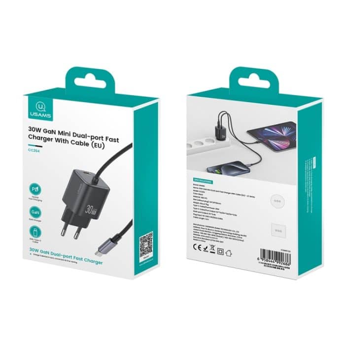 USAMS CC264 30W GaN Mini Typ-C / USB-C Dual Port Schnellladegerät mit Kabel, CC264 – Bild 8