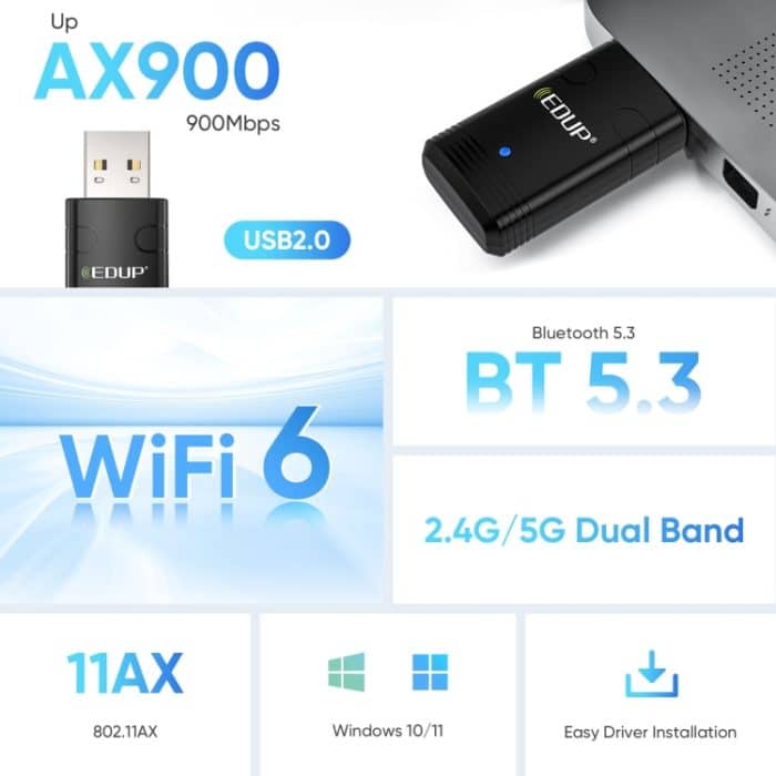 EDUP EP-AX910 900Mbps WiFi 6 Bluetooth 5,3 USB WiFi Adapter Dual-Band Drahtlose Netzwerkkarte, EP-AX910 – Bild 4