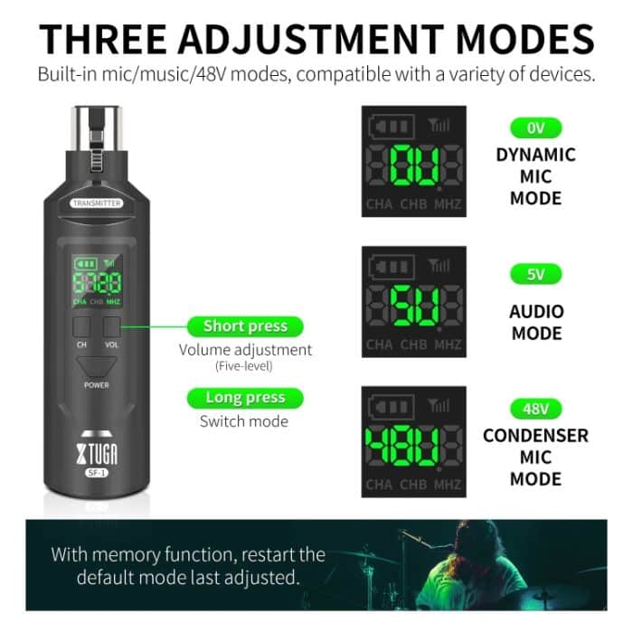 XTUGA SF-1 Drahtloser XLR-Sender und -Empfänger, UHF-Wireless-Adapter für kabelgebundenes Mikrofon/Gitarre, SF-1 – Bild 2