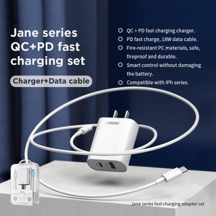 REMAX RP-U37 18W QC+PD Schnellladegerät mit 1m Type-C auf 8 Pin Kabel, US Plug, EU Plug – Bild 2