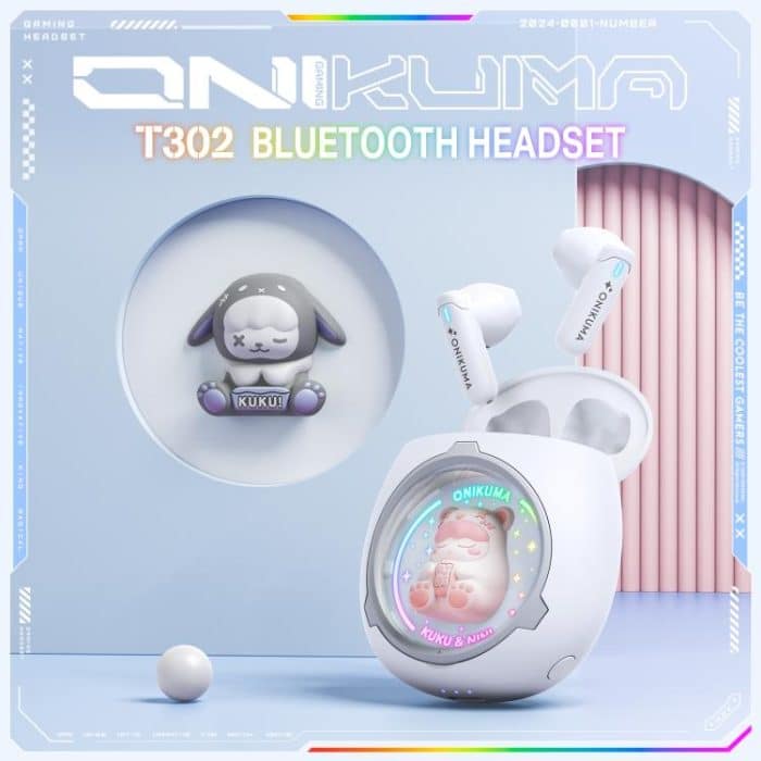 ONIKUMA T302 RGB Cute Unique Doll BT 5.4 Wireless Earphones, White, Pink – Bild 3