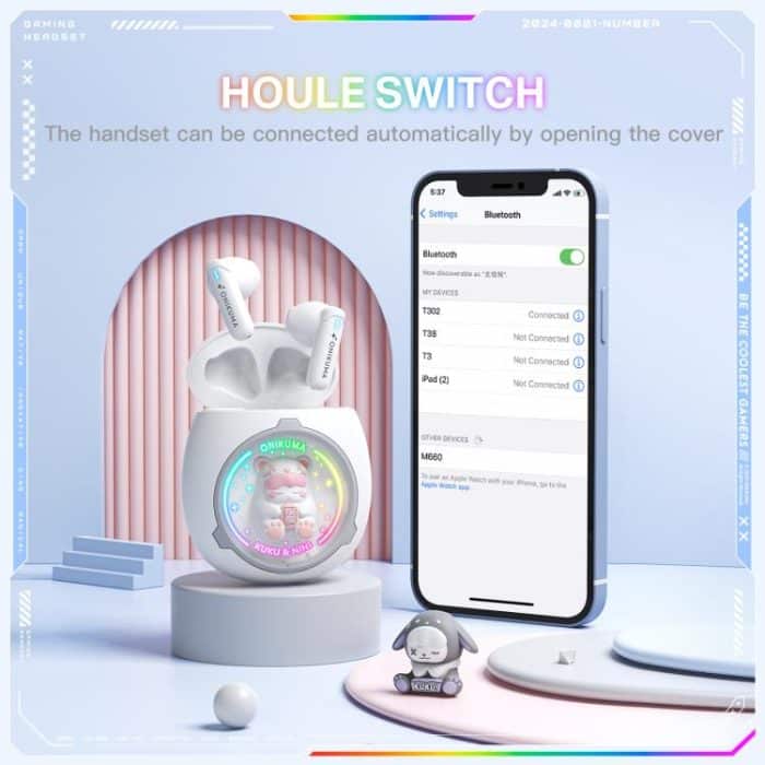 ONIKUMA T302 RGB Cute Unique Doll BT 5.4 Wireless Earphones, White, Pink – Bild 5