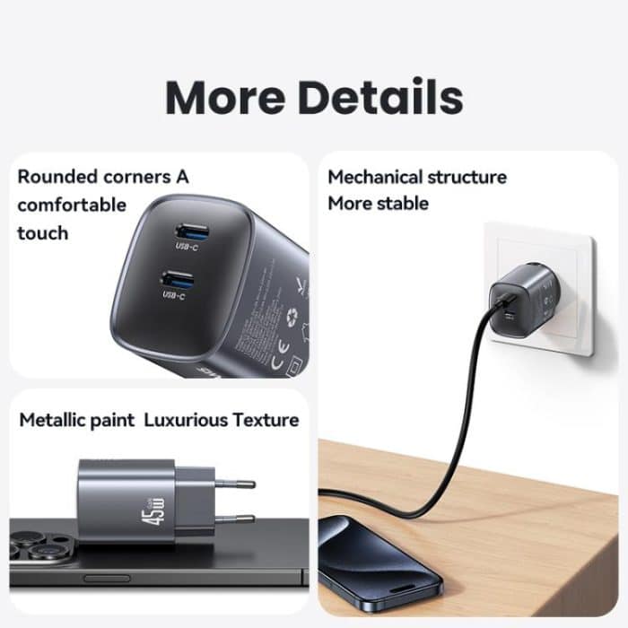 USAMS CC305 T66 45W Dual USB-C / Type-C GaN Fast Charger, EU Plug, CC305 – Bild 11