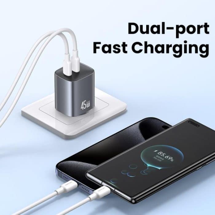 USAMS CC305 T66 45W Dual USB-C / Type-C GaN Fast Charger, EU Plug, CC305 – Bild 3