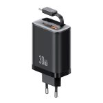 USAMS CC296 30W Schnellladegerät mit einziehbarem USB-C / Typ-C Kabel, EU Plug