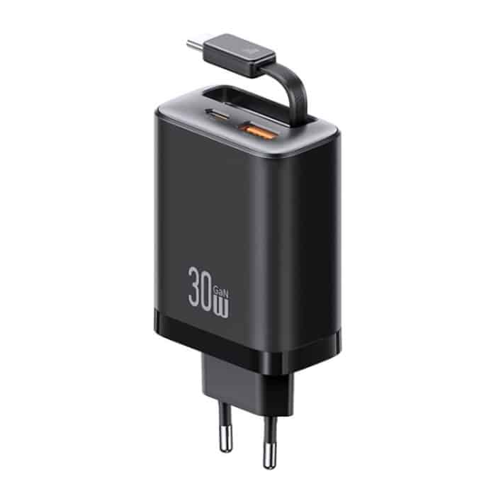 EDA007944701A.jpg USAMS CC296 30W Schnellladegerät mit einziehbarem USB-C / Typ-C Kabel, EU Plug – Bild 1