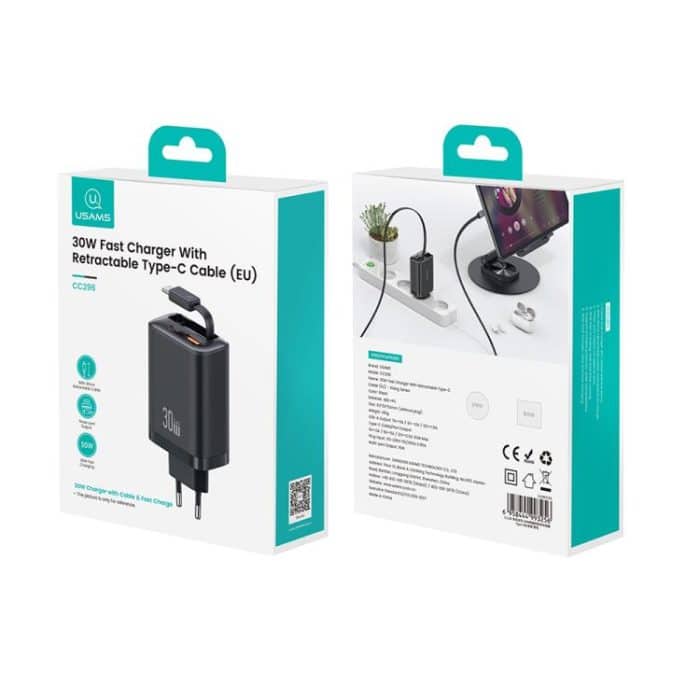USAMS CC296 30W Schnellladegerät mit einziehbarem USB-C / Typ-C Kabel, EU Plug – Bild 10