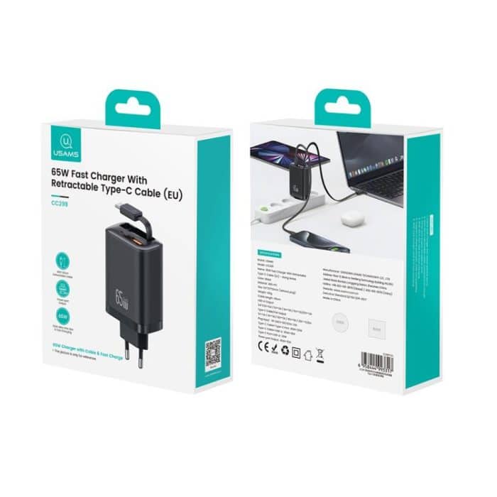 USAMS CC299 65W Fast Charger With Retractable USB-C / Type-C Cable, EU Plug – Bild 10