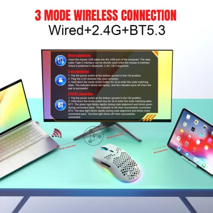 HXSJ T66 3 Modes Wired 2.4G BT5.3 Wireless RGB Rechargeable Mouse, T66 – Bild 2