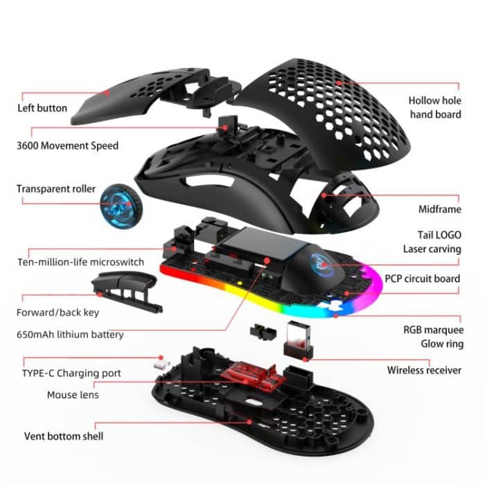 HXSJ T66 3 Modes Wired 2.4G BT5.3 Wireless RGB Rechargeable Mouse, T66 – Bild 12