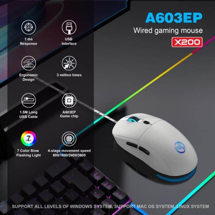 HXSJ X200 3600DPI Colorful Luminous Wired Mouse, Cable Length: 1.5m, X200 Black, X200 White – Bild 6