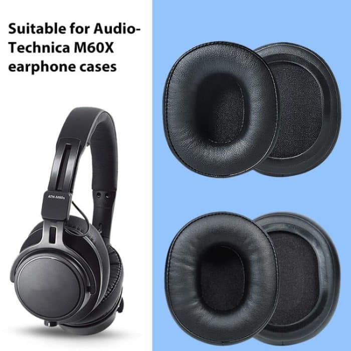2pcs Sponge Earmuffs Replacement Earpads For Audio Technica ATH-M60X, Black Protein Leather, Black Lambskin – Bild 2