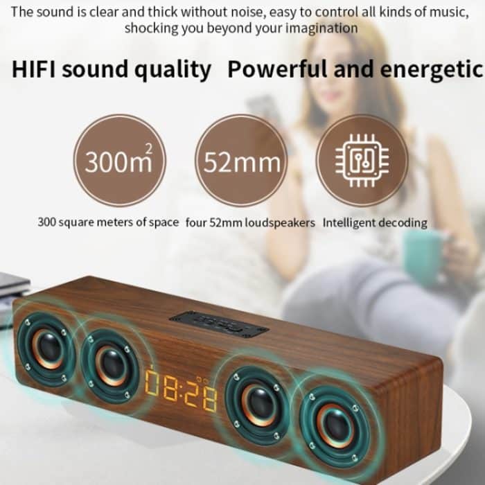 W8C Holzuhr-Subwoofer-Bluetooth-Lautsprecher, unterstützt TF-Karte, U-Disk und 3,5-mm-AUX, Brown Wood, Yellow Wood – Bild 6