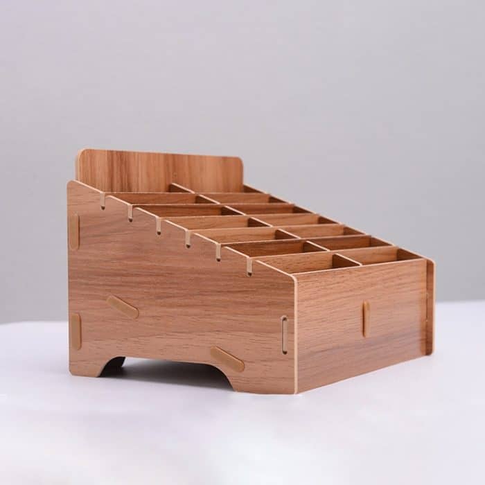 Mehrzelliger Handy-Filmständer aus Holz für Desktop-Zubehör, 14 Fächer, Größe: 21 x 17 x 16 cm, 14 Grids, Brown – Bild 1