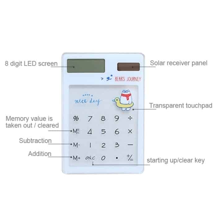 8-stelliger LED-Bildschirmrechner mit transparentem Touchpad und Solarpanel, zufällige Farbabgabe – Bild 6