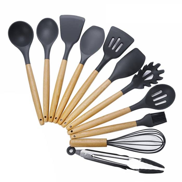 kn020 11 in 1 Holzgriff Silikon Nonstick Spatel Löffel Küche Werkzeug-Set – Bild 1