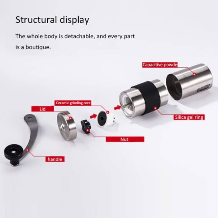 Tragbare konische Gratmühle-Hand-Hand-Edelstahl-Handkurbel-Kaffeebohnenschleifer mit Silikonring, Kapazität: 40g – Bild 7