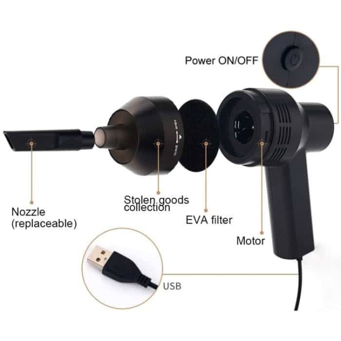 HK-6019A 3,5 W tragbarer USB Leistungsstarker Saugreiniger Computertastatur Bürstendüse Staubabscheider Handsauger-Reinigungskit zum Reinigen von Laptop-PCs / Haustieren, USB-Kabellänge: 1,8 m, DC 5 V (schwarz) – Bild 7