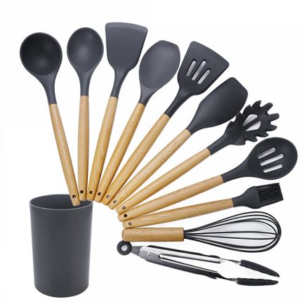 kn082 11-in-1-Küchenwerkzeug-Set mit Holzgriff, Silikon und Aufbewahrungseimer, Black, Pink, Green
