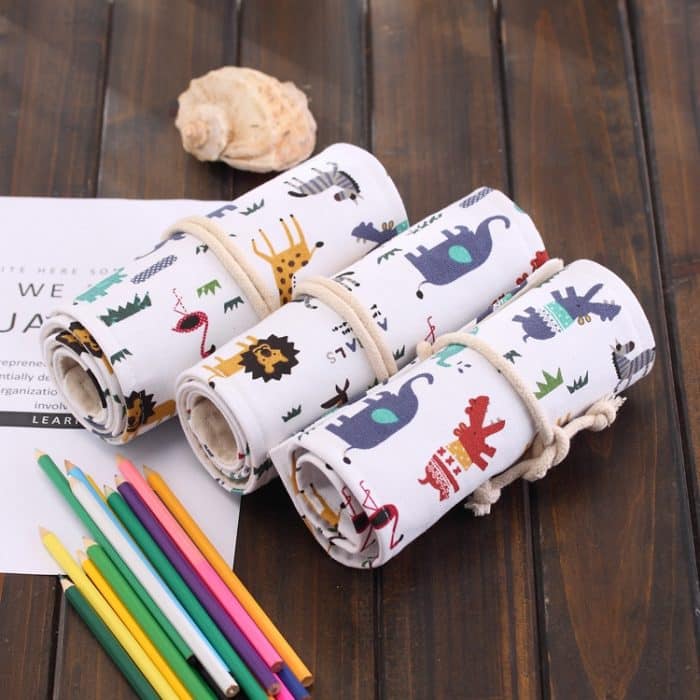48 Slots Cartoon Animal Print Stifttasche Leinwand Bleistiftwickelvorhang Roll Up Bleistiftetui Briefpapierbeutel – Bild 5