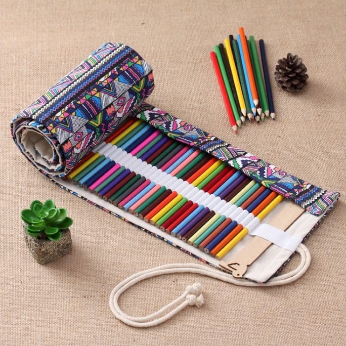 72 Slots Ethnic Print Pen Bag Leinwand Bleistiftwickelvorhang Roll Up Pencil Case Briefpapierbeutel – Bild 2