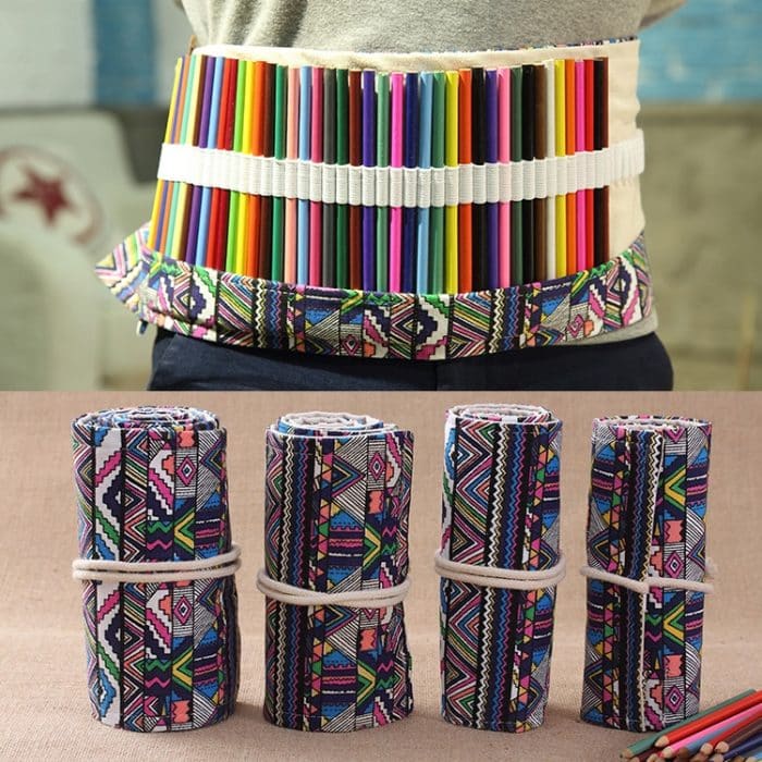 72 Slots Ethnic Print Pen Bag Leinwand Bleistiftwickelvorhang Roll Up Pencil Case Briefpapierbeutel – Bild 6