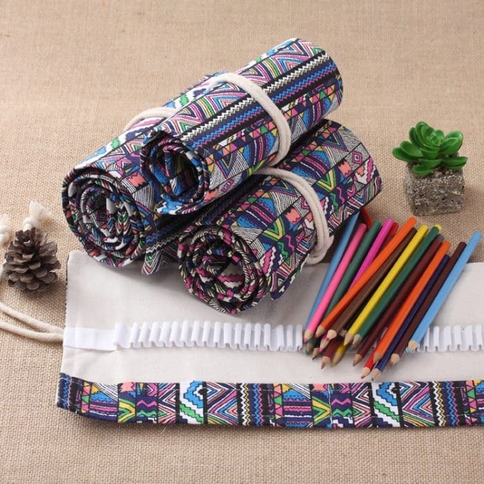 72 Slots Ethnic Print Pen Bag Leinwand Bleistiftwickelvorhang Roll Up Pencil Case Briefpapierbeutel – Bild 7