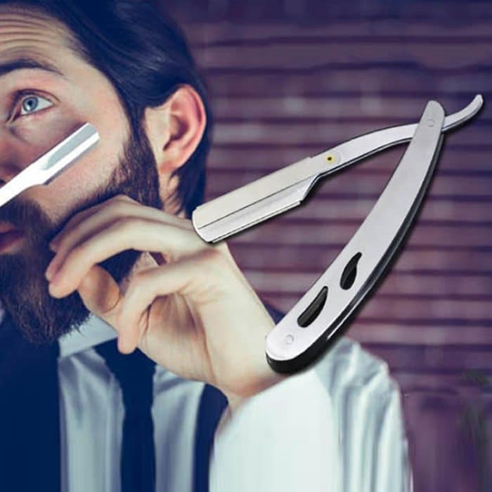 HCB0687AA.jpg Friseur Vintage Rasierer Edelstahl Doppelseitiger Klingenhalter Haarschnitt Rasierte Augenbrauenmesserhalter (Silber) – Bild 1
