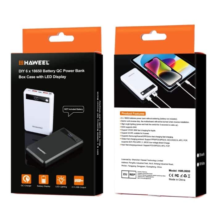 HAWEEL DIY 6 x 18650 Akku 24 W Schnelllade-Powerbank-Box mit Display, ohne Akku, 6 x 18650 Battery – Bild 10