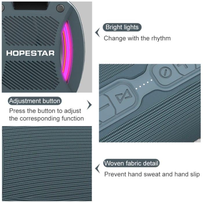 HOPESTAR H24 Pro TWS Tragbarer, wasserdichter, gewebter, strukturierter Bluetooth-Außenlautsprecher mit Rhythmuslicht, Unterstützung für Freisprechanrufe, U-Disk, TF-Karte und 3,5-mm-AUX und FM, H24 Pro Black, H24 Pro Grey, H24 Pro Blue, H24 Pro Red – Bild 3
