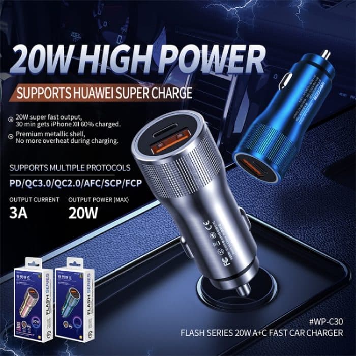 WK WP-C30 20W QC3.0 USB + PD UB-C / Typ-C-Schnittstelle Flash-Serie Auto-Schnellladegerät, WP-C30 (Blue), WP-C30 (Silver) – Bild 2