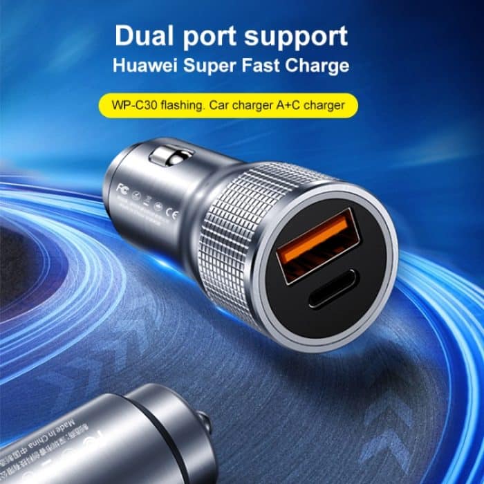 WK WP-C30 20W QC3.0 USB + PD UB-C / Typ-C-Schnittstelle Flash-Serie Auto-Schnellladegerät, WP-C30 (Blue), WP-C30 (Silver) – Bild 3